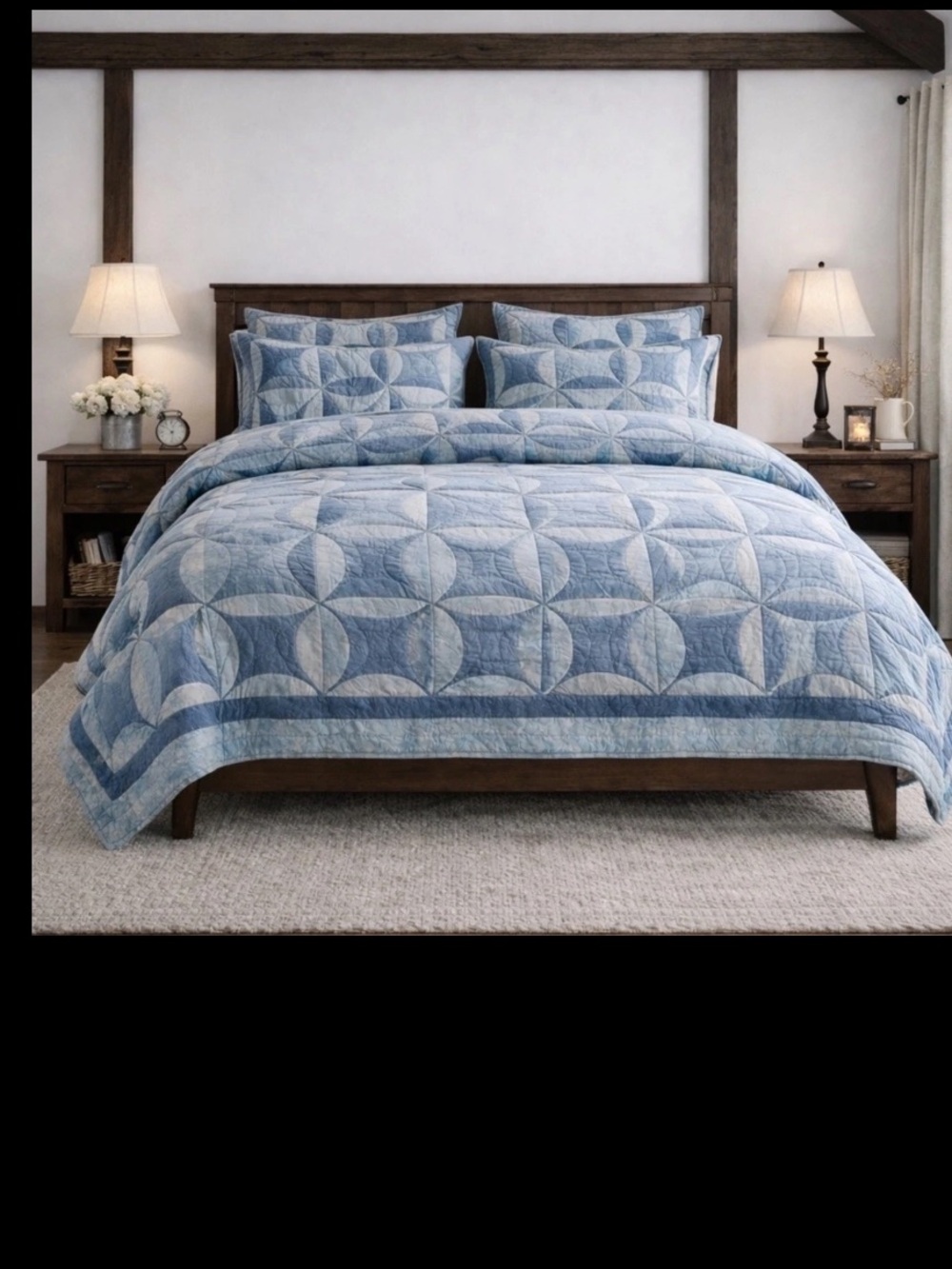 NEW POTTERY BARN HARPER QUEEN QUILT BLUE WEDDING RING PATCHWORK